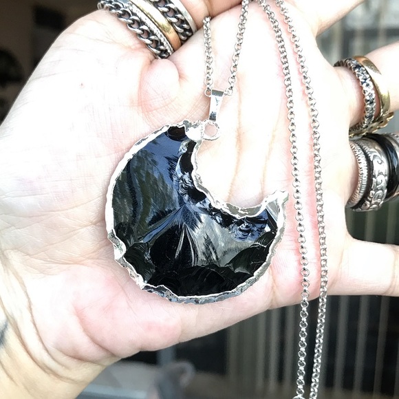 Genuine black obsidian big silver moon necklace - Picture 3 of 7